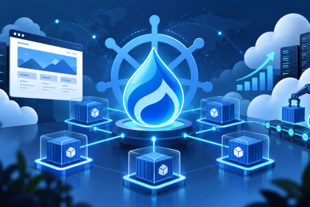 Drupal drop logo surrounded by a network of containers