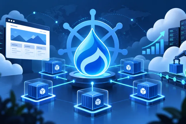 Drupal drop logo surrounded by a network of containers