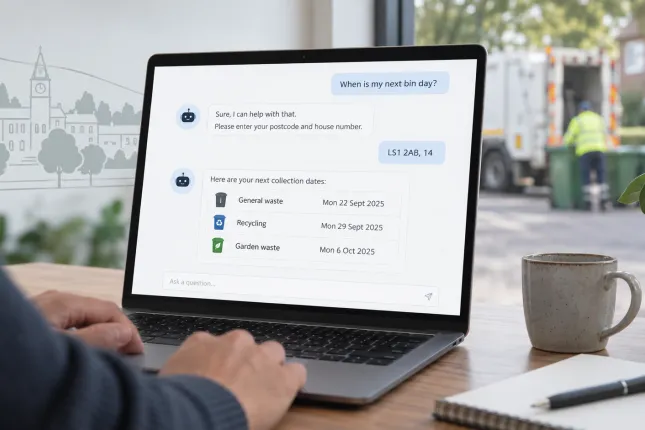 Person using waste collection chatbot on laptop with a view of waste service vehicle out of the window